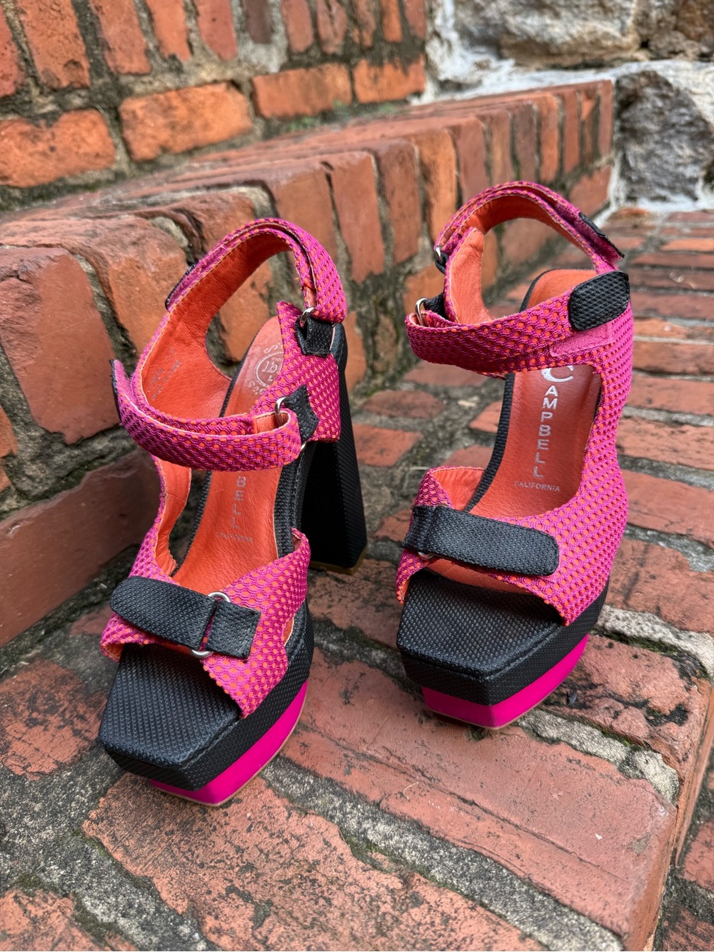 Jeffrey Campbell Ibiza Last Platform Sandals Pink Orange Mesh Block Heels 7.5